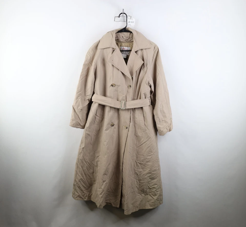 Vintage 70s 80s Orvis Womens 12 Distressed Lined Belted Trench Coat Jacket Beige - Image 1 of 4