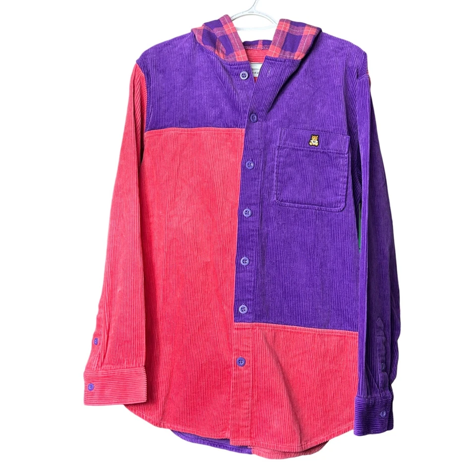 Teddy Fresh size Large Corduroy Button Front Shirt Shacket Hoodie Colorblock - Image 1 of 4