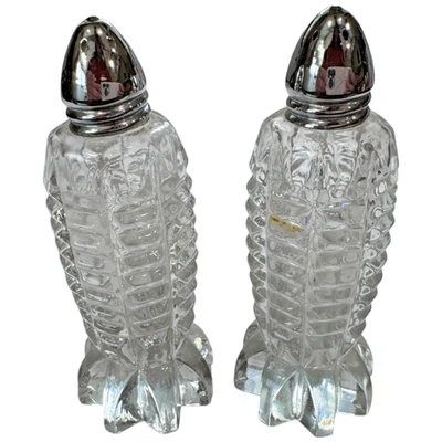 Vintage MCM Rocket Shape Clear Glass Chrome Lids Salt and Pepper Shakers - Image 1 of 4