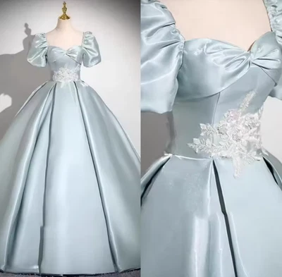 Vestido de novia clásico azul claro satinado exquisito cuello cuadrado mangas abullonadas Foto 1 de 4