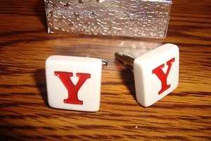 " Y " Monogram Letter Initial Cufflinks 1 Pair (Two) * White-Red & Silver Tone  - Picture 1 of 2