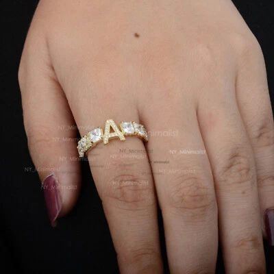 Anillo con racimo de topacio blanco cuadrado inicial letra "A" joyería de oro amarillo sólido de 14K Foto 1 de 4