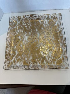 VTG Mid-century Belgian Art Glass Ricco Gold Chintz Lace 13 1/4" Square Dish - Picture 1 of 14