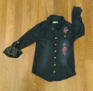 Wallflower Girls Denim Cotton Long Sleeve Flowers Button Shirt Pockets Youth 7/8 - Picture 1 of 11
