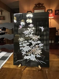 11.75x7.75 Chinese Mother of Pearl Inlayed Black Wood Wall Plaque - Picture 1 of 9