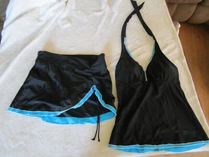 Super Cute 2 piece Flattering Black & Turqouise halter Bathing Suit size L never - Picture 1 of 6