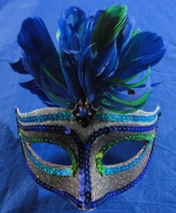 CLASSY MULTICOLOR BLUE GREEN BEAUTIFUL FEATHER SEQUIN GLITTER MASQUERADE MASK - Picture 1 of 7