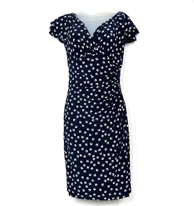 Lauren Ralph Lauren Dress Faux Wrap Navy Blue w/White Geo Dots Ruched Size 4 - Picture 1 of 14