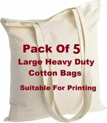 JMS BRIDGE 5 x 100% COTTON SHOPPING PLAIN BAGS ECO FRIENDLY TOTE SHOULDER SHOPPER HANDBAG