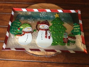 St. Nicholas Square Merry Merry Glass Plate Christmas Snowmen - Picture 1 of 2