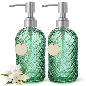 2 Pack Gem-Patterned Glass Soap Dispenser with Rust Proof Stainless Steel Pum... - Picture 1 of 9
