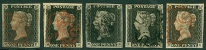 1840 1d blacks x5. 4 margin examples. 3 with red Maltese crosses, 2 with black.. - Picture 1 of 2