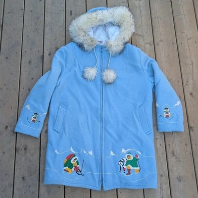 Jaqueta de lã azul vintage Gêmeos do Canadá Ltd. com bordado inuit - Imagem 1 de 4