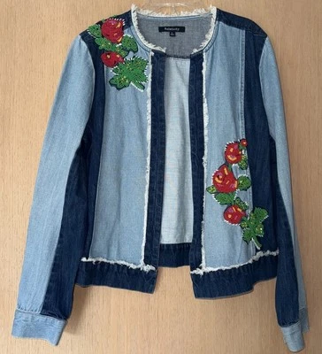 Jaqueta Relativity azul denim colorblock frisada frente aberta Y2K boho glam feminina G - Imagem 1 de 4