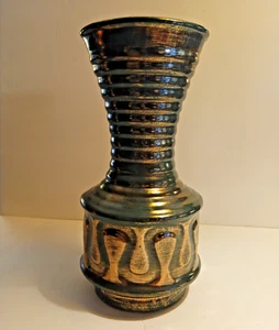 Vintage Mid Century Pottery Large Green Gold Brushed Vase 12" - Picture 1 of 9