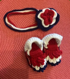 Handmade Knit Patriotic Baby Shoes/Booties 4th of July American Flag 0-3mo Headb - Picture 1 of 10