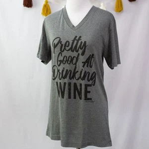 Color Image NEW Gray V-Neck Short Sleeve Pretty Good at Drinking Wine T Shirt XL - Picture 1 of 3
