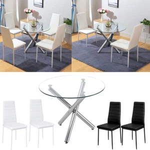Round Glass Dining Table and 2/4 PU Chairs Set Dining Room Kitchen Lounge Office - Picture 1 of 32