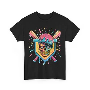 Baseball Home Plate Drip Ice Cream Skull T-Shirt - Picture 1 of 9