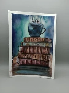 Mystiker Zauberbuch Original Aquarell Illustration eines verwunschenen Bücherstapels - Bild 1 von 4