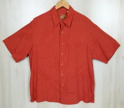 Caribbean Men's Size Large Silk Cotton Orange Jacquard Print Short Sleeve Shirt Foto 1 de 4