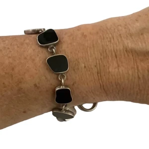 Sterling Silver Onyx Bracelet, Bangle, Ladies Vintage Fashion Accessory, 925 - Picture 1 of 10