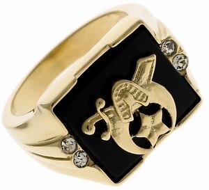 Shriners Masonic black Jet w/cz rectangle mens ring 18k gold overlay size 8 T54