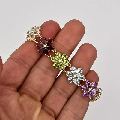 14k Solid Yellow Gold Multi Gemstone Flower Design Link Bracelet 16.5g 6.5" - Image 1 of 4