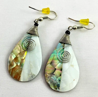 Two Tone Mother of Pearl & Abalone Shell Teardrop Dangle Drop Earrings - Image 1 of 4