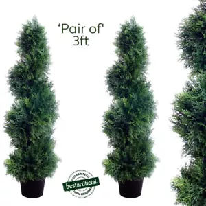 2 Best Artificial 3ft 90cm Topiary Cedar Spiral Outdoor Conifer Trees UV Stable - Picture 1 of 13