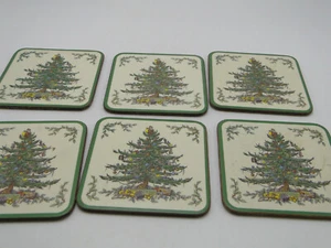 Posavasos traseros de corcho para árbol de Navidad con adornos verdes 6 Spode 4 1/8 pulgadas cuadradas - Imagen 1 de 4
