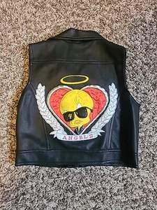 Looney Tunes VTG 90's BIKER TWEETY Angels Motorcycle Club Faux Leather Vest SZ 8 - Picture 1 of 20