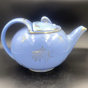 VINTAGE HALL 0749 TEAPOT 6 CUP Blue Periwinkle 6” T Gold accents Lot 94 As Is - Picture 1 of 11
