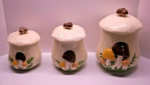 !! VINTAGE !!  MUSHROOM COOKIE JARS !! CERAMIC !!  3 PIECE SET  !! - Picture 1 of 12