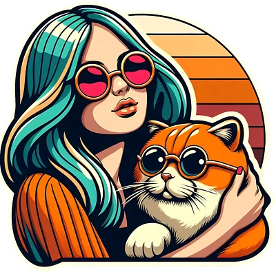 1970s-Style Art Cat Lady Lover Sticker Bold Colors Chubby Yellow Cat. - Image 1 of 4