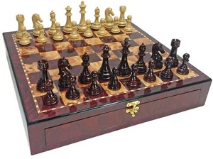 Large Staunton High Gloss Chess Set W 4 1/4" King 20" Cherry Color Storage Board