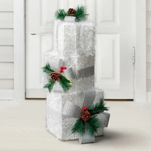 Set of 3 Lighted Gift Boxes Pre-lit Nestable Glitter Present Boxes Ornament NEW - Picture 1 of 18