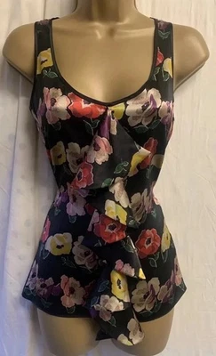 Ted Baker Pure Silk Black 6 Floral Ruffle Frilly Zip Back Sleeveless Blouse Top - Image 1 of 4