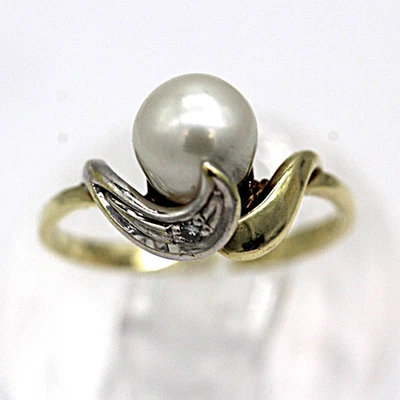 Anillo de diamantes y perlas naturales de oro amarillo de 14K talla 5,75 Foto 1 de 4