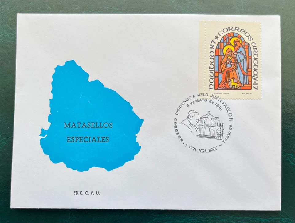 URUGUAY*MATASELLOS ESPECIALES "VISITA DEL PAPA JUAN PABLO II A URUGUAY" CUBIERTA YVERT#1226 Foto 1 de 1