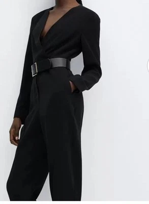 Mono de crepé con cinturón envolvente de mango, entrepierna de 27”, talla L, nuevo Foto 1 de 4