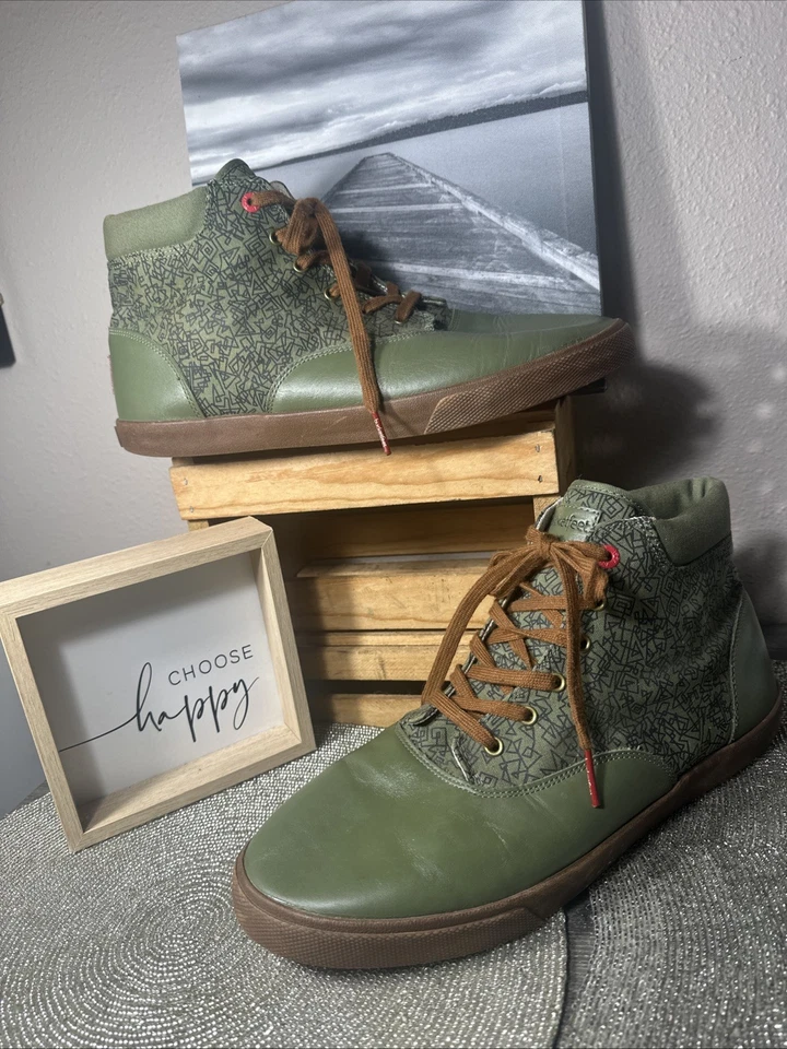 BucketFeet FireStein Khaki Green Leather Print Canvas Mid-Top Sneakers 13/46 EUC - Image 1 of 4