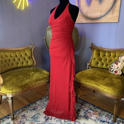 Vintage 90s/Y2k City Triangles Sparkling Cinderella Red Halter Prom Dress - Image 1 of 4