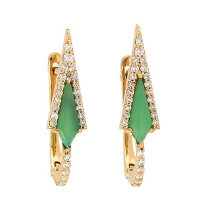 Pave Diamond & Chrysoprase Gemstone 18k Yellow Gold Handmade Earrings For Women - Picture 1 of 6