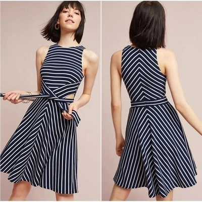 Vestido Anthropologie Hutch Nuevo Talla M Kinsley Corbata Envolvente Azul Blanco Rayas Foto 1 de 4