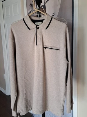 Norm Thompson Long Sleeve Polo Shirt Sz L Taupe Pullover Collar, Zip Pocket Golf - Image 1 of 4