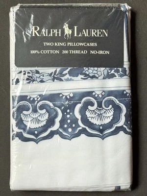 Pair RARE! NEW Ralph Lauren JONQUIL *KING PILLOWCASES Tamarind Porcelain STRIPE - Image 1 of 4
