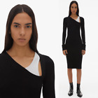 Helmut Lang Dress Black Ribbed Knit Asymmetrical Long Sleeve Midi Dress Size L