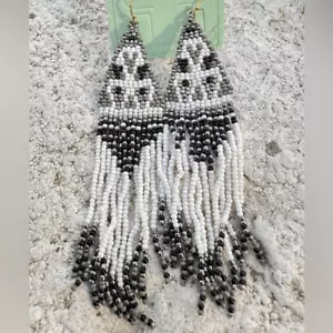 Western Earrings Women’s Fringe Seed Beads Black and White Cowboy Cowgirl Long - Picture 1 of 1