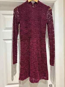 Topshop Maroon Lace Skater Dress - Long Sleeve Size 8 Immaculate Condition - Picture 1 of 5